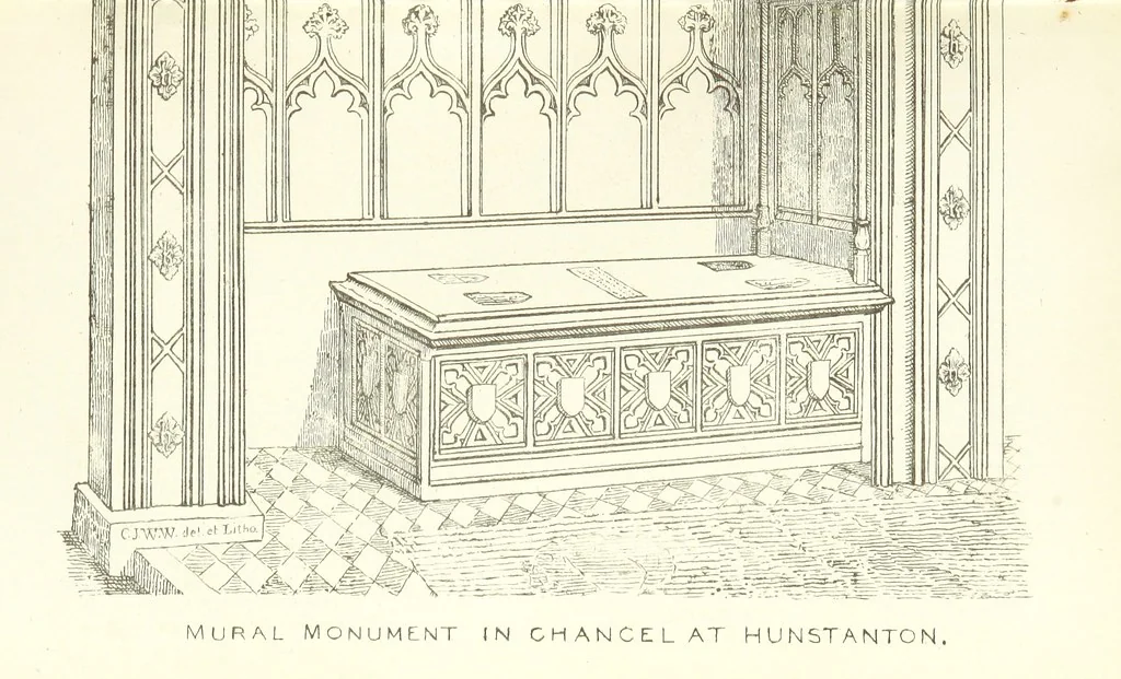 An illustration from The Church Heraldry of Norfolk: a description of all coats of arms on brasses, monuments, etc., now to be found in the county. Illustrated ... With Notes from the inscriptions attached, 1885, leaf 429