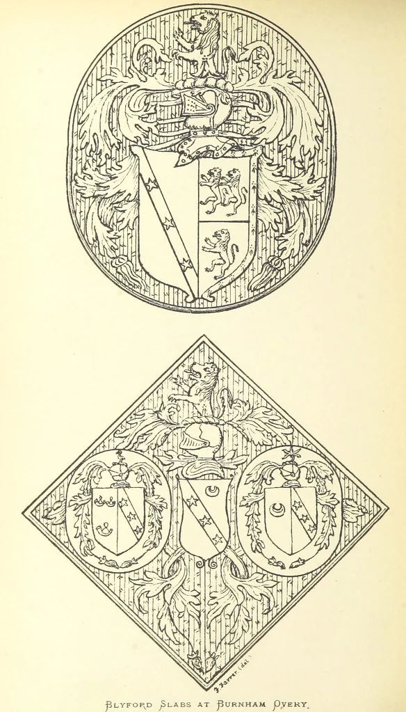 An illustration from The Church Heraldry of Norfolk: a description of all coats of arms on brasses, monuments, etc., now to be found in the county. Illustrated ... With Notes from the inscriptions attached, 1885, leaf 454