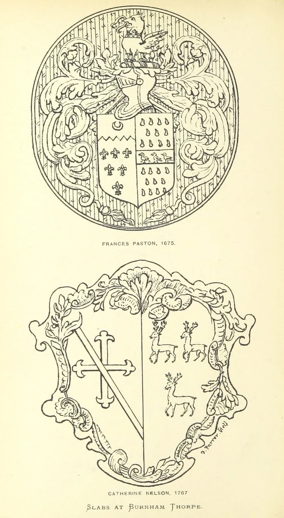 An illustration from The Church Heraldry of Norfolk: a description of all coats of arms on brasses, monuments, etc., now to be found in the county. Illustrated ... With Notes from the inscriptions attached, 1885, leaf 458