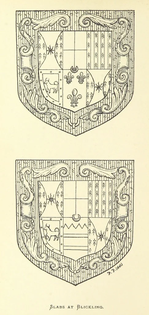 An illustration from The Church Heraldry of Norfolk: a description of all coats of arms on brasses, monuments, etc., now to be found in the county. Illustrated ... With Notes from the inscriptions attached, 1885, leaf 46
