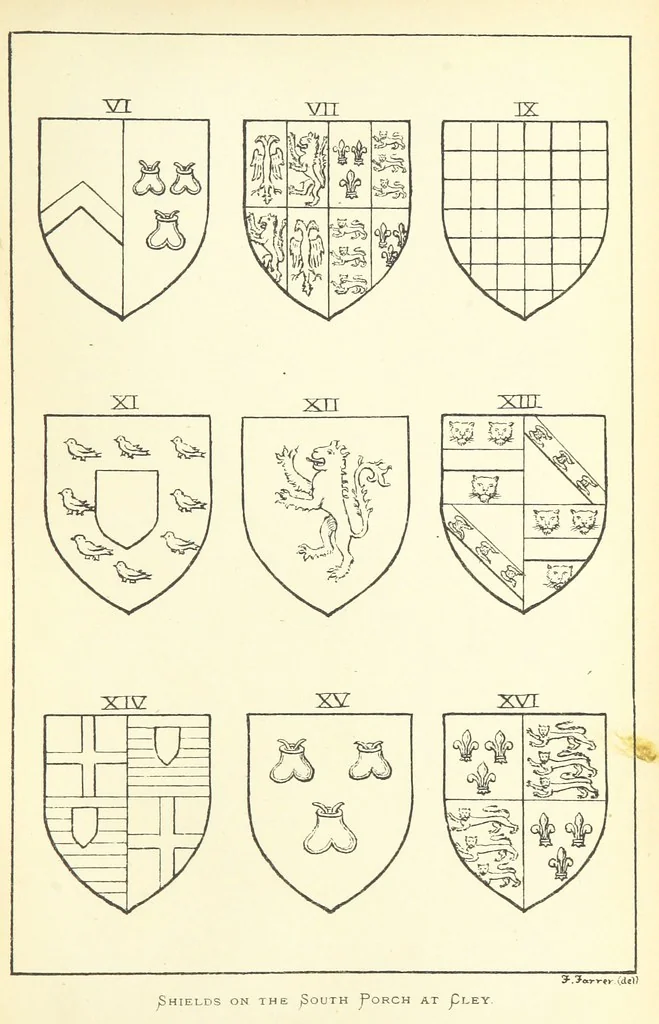 An illustration from The Church Heraldry of Norfolk: a description of all coats of arms on brasses, monuments, etc., now to be found in the county. Illustrated ... With Notes from the inscriptions attached, 1885, leaf 519