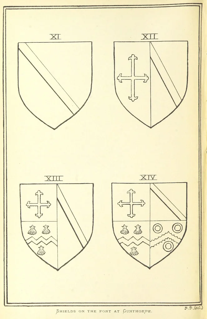 An illustration from The Church Heraldry of Norfolk: a description of all coats of arms on brasses, monuments, etc., now to be found in the county. Illustrated ... With Notes from the inscriptions attached, 1885, leaf 526