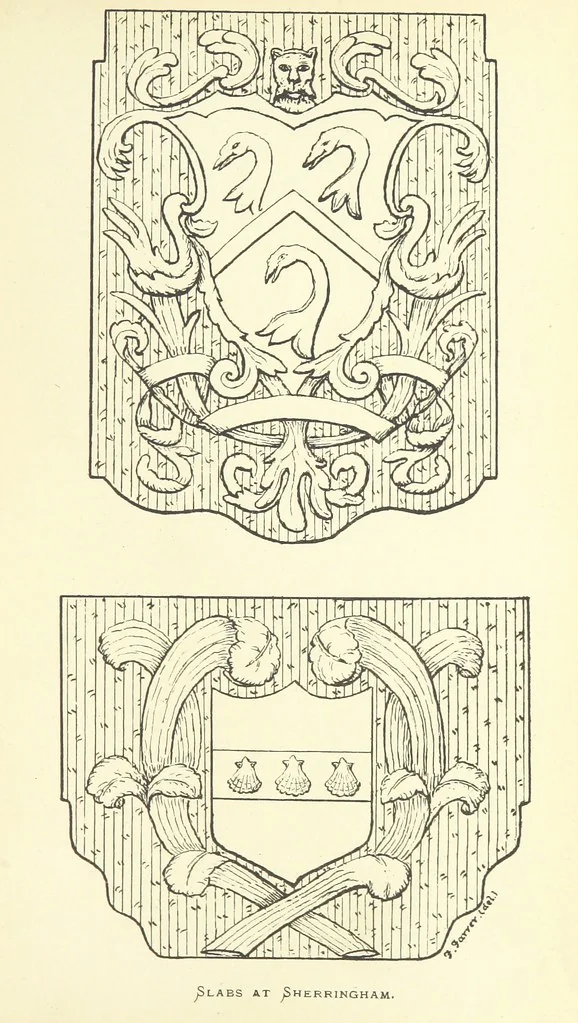 An illustration from The Church Heraldry of Norfolk: a description of all coats of arms on brasses, monuments, etc., now to be found in the county. Illustrated ... With Notes from the inscriptions attached, 1885, leaf 589