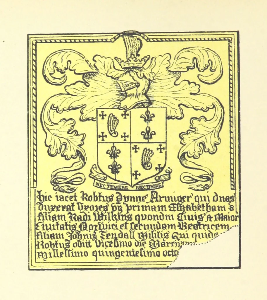 An illustration from The Church Heraldry of Norfolk: a description of all coats of arms on brasses, monuments, etc., now to be found in the county. Illustrated ... With Notes from the inscriptions attached, 1885, leaf 64