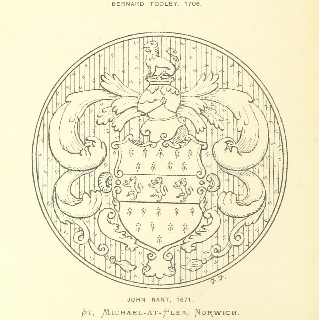 An illustration from The Church Heraldry of Norfolk: a description of all coats of arms on brasses, monuments, etc., now to be found in the county. Illustrated ... With Notes from the inscriptions attached, 1885, leaf 134