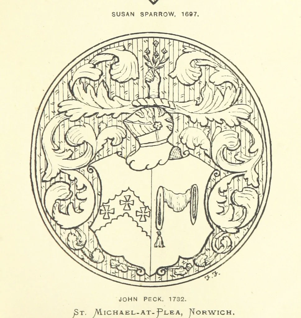 An illustration from The Church Heraldry of Norfolk: a description of all coats of arms on brasses, monuments, etc., now to be found in the county. Illustrated ... With Notes from the inscriptions attached, 1885, leaf 137