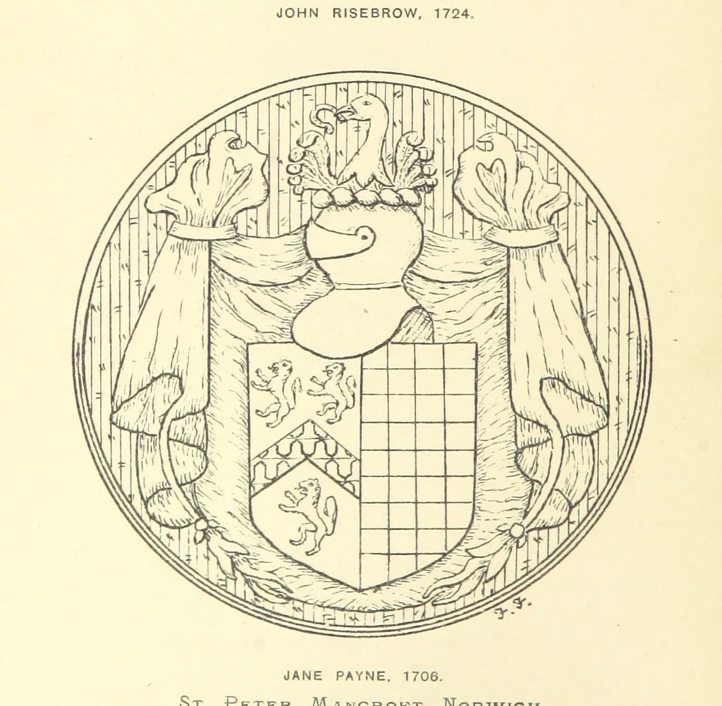 An illustration from The Church Heraldry of Norfolk: a description of all coats of arms on brasses, monuments, etc., now to be found in the county. Illustrated ... With Notes from the inscriptions attached, 1885, leaf 148