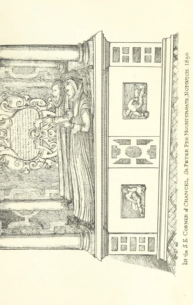 An illustration from The Church Heraldry of Norfolk: a description of all coats of arms on brasses, monuments, etc., now to be found in the county. Illustrated ... With Notes from the inscriptions attached, 1885, leaf 167