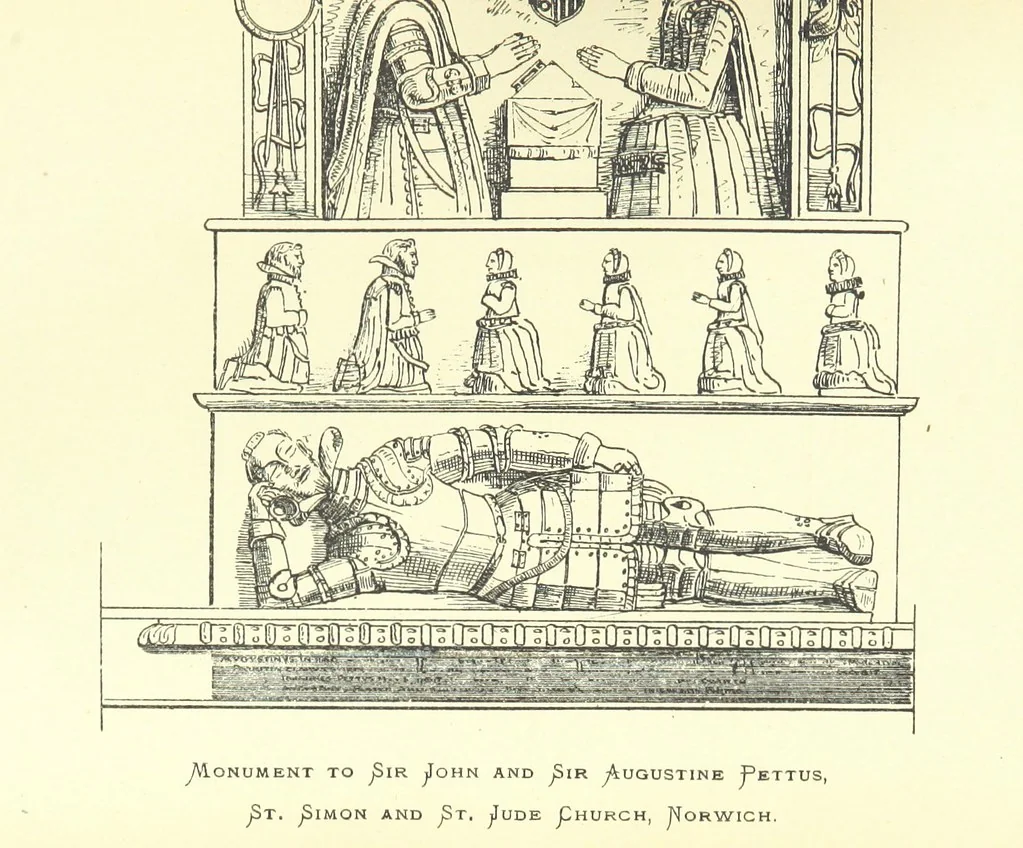 An illustration from The Church Heraldry of Norfolk: a description of all coats of arms on brasses, monuments, etc., now to be found in the county. Illustrated ... With Notes from the inscriptions attached, 1885, leaf 179