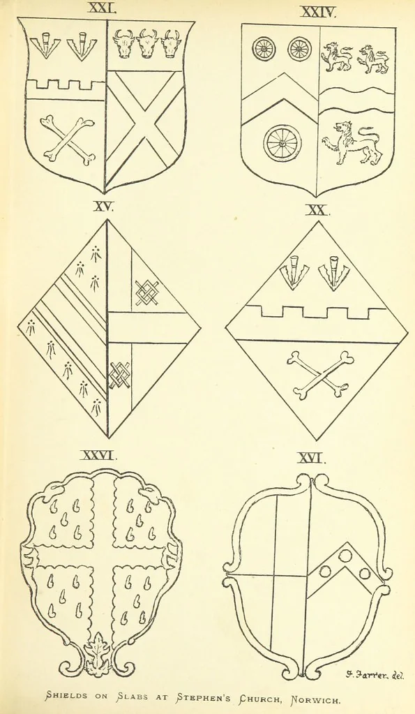 An illustration from The Church Heraldry of Norfolk: a description of all coats of arms on brasses, monuments, etc., now to be found in the county. Illustrated ... With Notes from the inscriptions attached, 1885, leaf 187