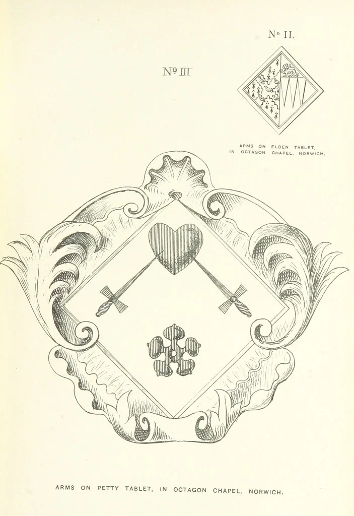 An illustration from The Church Heraldry of Norfolk: a description of all coats of arms on brasses, monuments, etc., now to be found in the county. Illustrated ... With Notes from the inscriptions attached, 1885, leaf 201