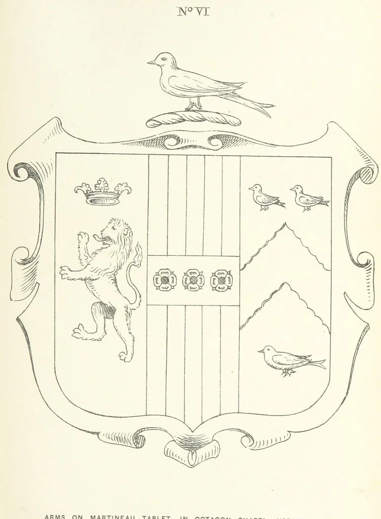 An illustration from The Church Heraldry of Norfolk: a description of all coats of arms on brasses, monuments, etc., now to be found in the county. Illustrated ... With Notes from the inscriptions attached, 1885, leaf 203