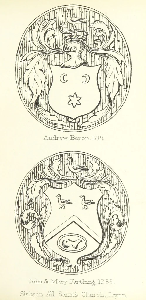 An illustration from The Church Heraldry of Norfolk: a description of all coats of arms on brasses, monuments, etc., now to be found in the county. Illustrated ... With Notes from the inscriptions attached, 1885, leaf 211