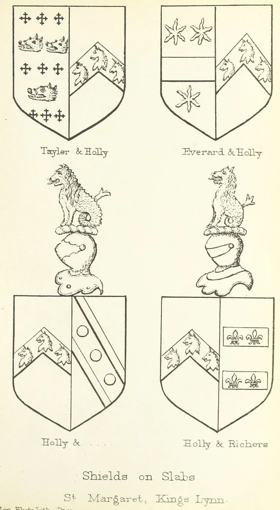 An illustration from The Church Heraldry of Norfolk: a description of all coats of arms on brasses, monuments, etc., now to be found in the county. Illustrated ... With Notes from the inscriptions attached, 1885, leaf 215
