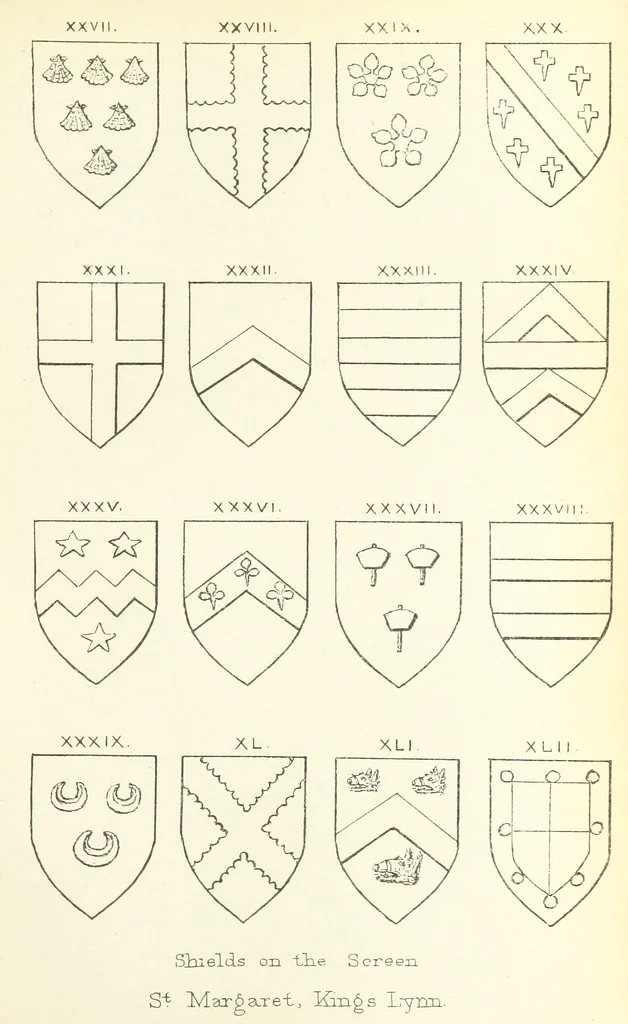 An illustration from The Church Heraldry of Norfolk: a description of all coats of arms on brasses, monuments, etc., now to be found in the county. Illustrated ... With Notes from the inscriptions attached, 1885, leaf 223