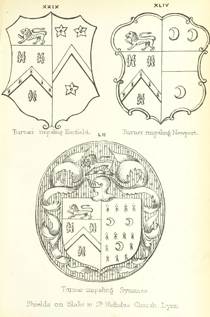 An illustration from The Church Heraldry of Norfolk: a description of all coats of arms on brasses, monuments, etc., now to be found in the county. Illustrated ... With Notes from the inscriptions attached, 1885, leaf 227