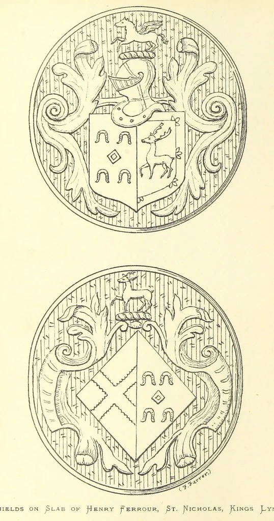 An illustration from The Church Heraldry of Norfolk: a description of all coats of arms on brasses, monuments, etc., now to be found in the county. Illustrated ... With Notes from the inscriptions attached, 1885, leaf 238