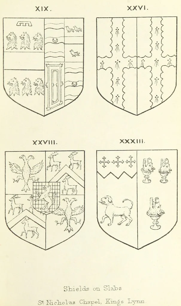 An illustration from The Church Heraldry of Norfolk: a description of all coats of arms on brasses, monuments, etc., now to be found in the county. Illustrated ... With Notes from the inscriptions attached, 1885, leaf 241