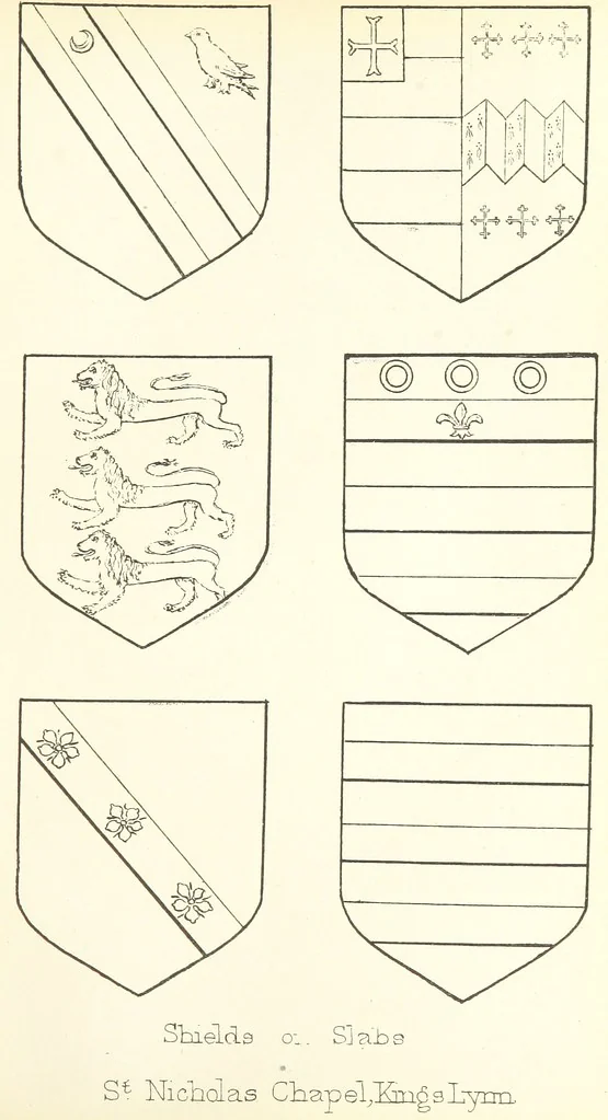 An illustration from The Church Heraldry of Norfolk: a description of all coats of arms on brasses, monuments, etc., now to be found in the county. Illustrated ... With Notes from the inscriptions attached, 1885, leaf 253