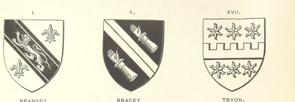 An illustration from The Church Heraldry of Norfolk: a description of all coats of arms on brasses, monuments, etc., now to be found in the county. Illustrated ... With Notes from the inscriptions attached, 1885, leaf 266