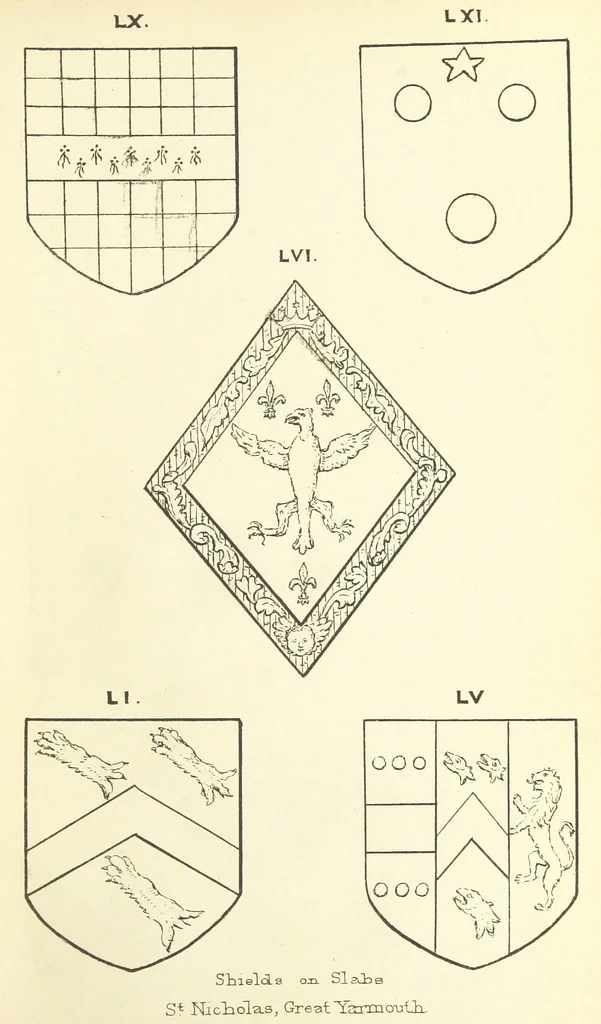 An illustration from The Church Heraldry of Norfolk: a description of all coats of arms on brasses, monuments, etc., now to be found in the county. Illustrated ... With Notes from the inscriptions attached, 1885, leaf 279