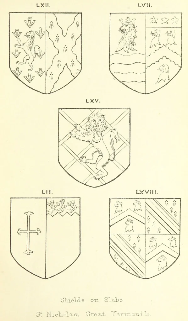 An illustration from The Church Heraldry of Norfolk: a description of all coats of arms on brasses, monuments, etc., now to be found in the county. Illustrated ... With Notes from the inscriptions attached, 1885, leaf 285