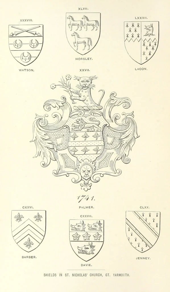 An illustration from The Church Heraldry of Norfolk: a description of all coats of arms on brasses, monuments, etc., now to be found in the county. Illustrated ... With Notes from the inscriptions attached, 1885, leaf 296