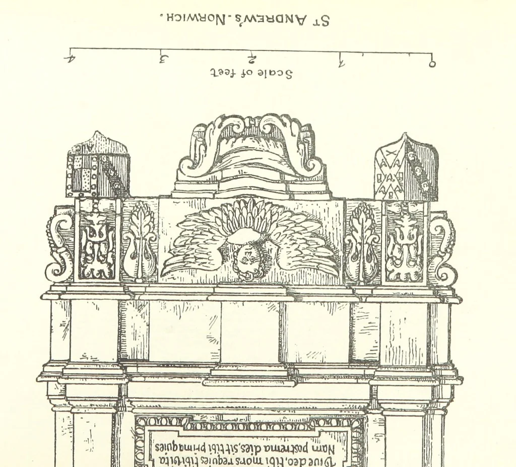An illustration from The Church Heraldry of Norfolk: a description of all coats of arms on brasses, monuments, etc., now to be found in the county. Illustrated ... With Notes from the inscriptions attached, 1885, leaf 61