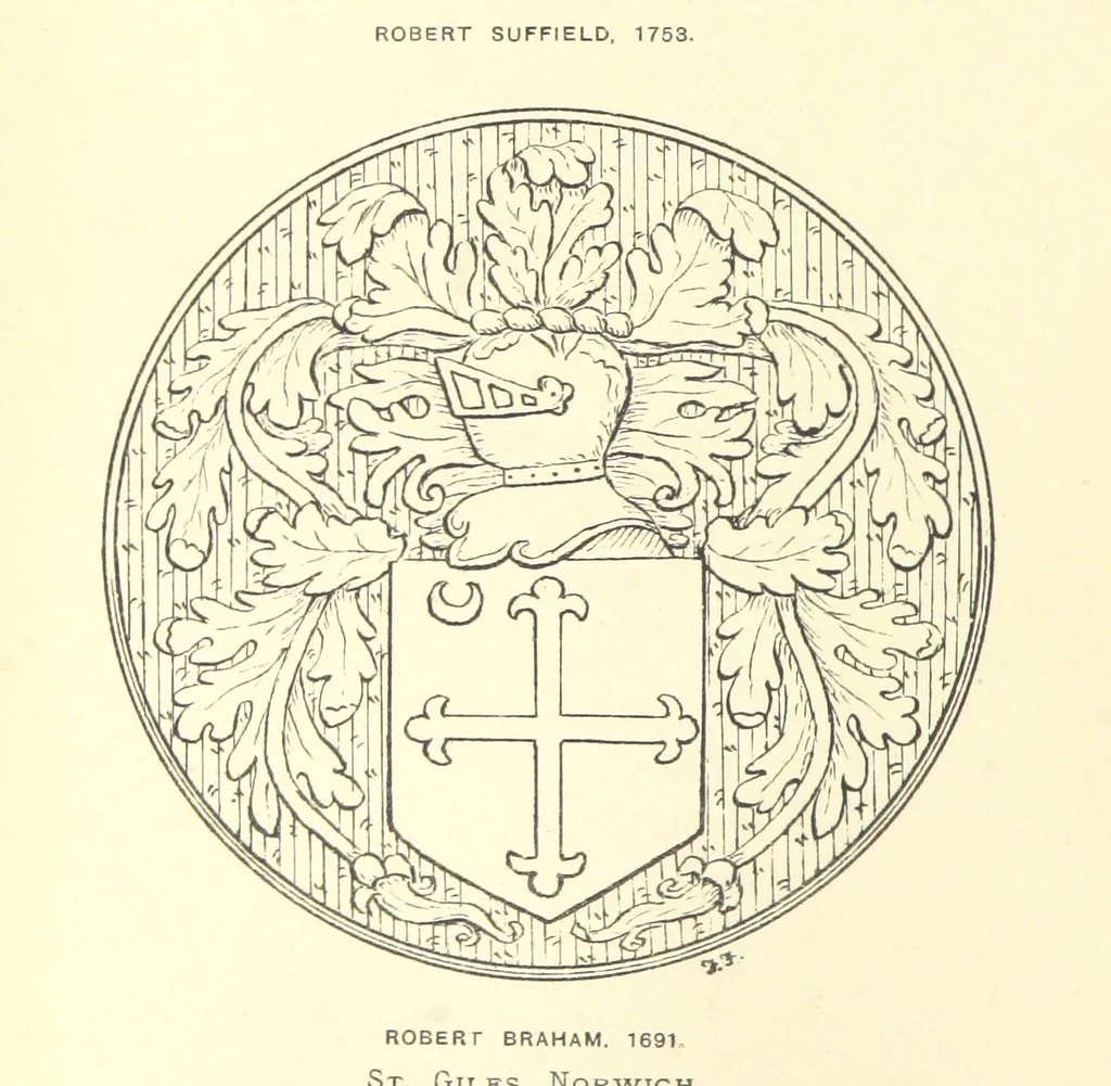 An illustration from The Church Heraldry of Norfolk: a description of all coats of arms on brasses, monuments, etc., now to be found in the county. Illustrated ... With Notes from the inscriptions attached, 1885, leaf 94