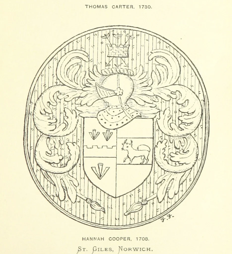 An illustration from The Church Heraldry of Norfolk: a description of all coats of arms on brasses, monuments, etc., now to be found in the county. Illustrated ... With Notes from the inscriptions attached, 1885, leaf 97