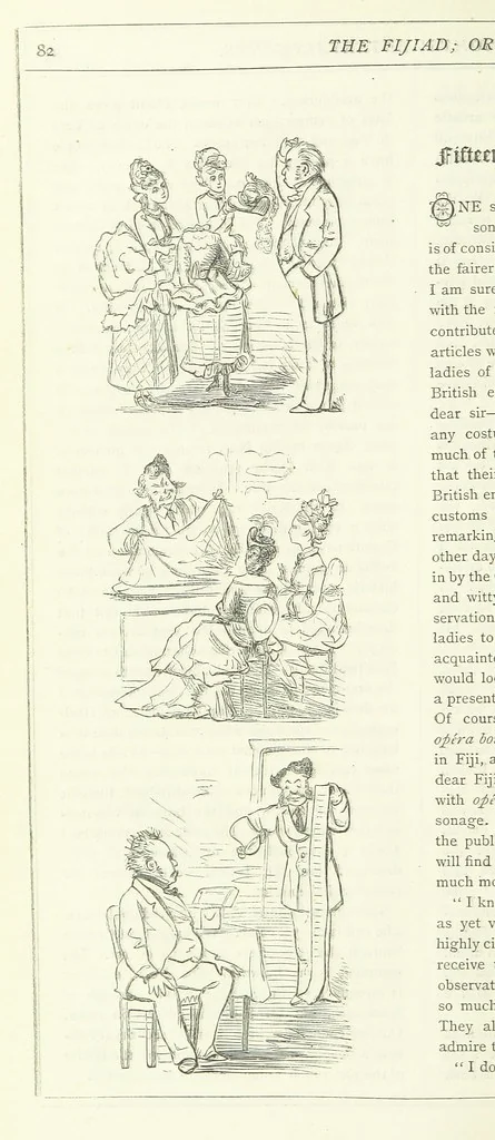 An illustration from The Fijiad; or, English Nights' Entertainments. (By an author of the Siliad [i.e. R. Emerson] and others.), 1874, leaf 102
