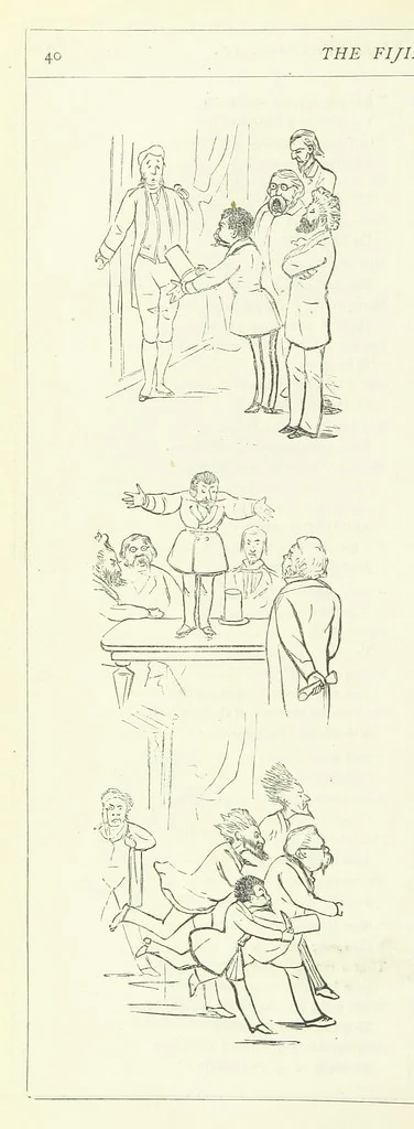 An illustration from The Fijiad; or, English Nights' Entertainments. (By an author of the Siliad [i.e. R. Emerson] and others.), 1874, leaf 60