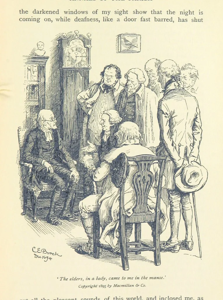An illustration from Annals of the Parish and the Ayrshire Legatees ... Illustrated by C. E. Brock. With an introduction by Alfred Ainger, 1895, leaf 229