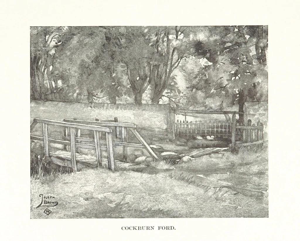 An illustration from The Home Country of R. L. Stevenson. Being the valley of the Water of Leith from source to sea ... Illustrated by Joseph Brown. (Second edition.), 1898, leaf 83