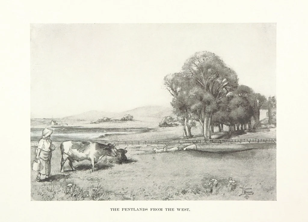 An illustration from The Home Country of R. L. Stevenson. Being the valley of the Water of Leith from source to sea ... Illustrated by Joseph Brown. (Second edition.), 1898, leaf 90