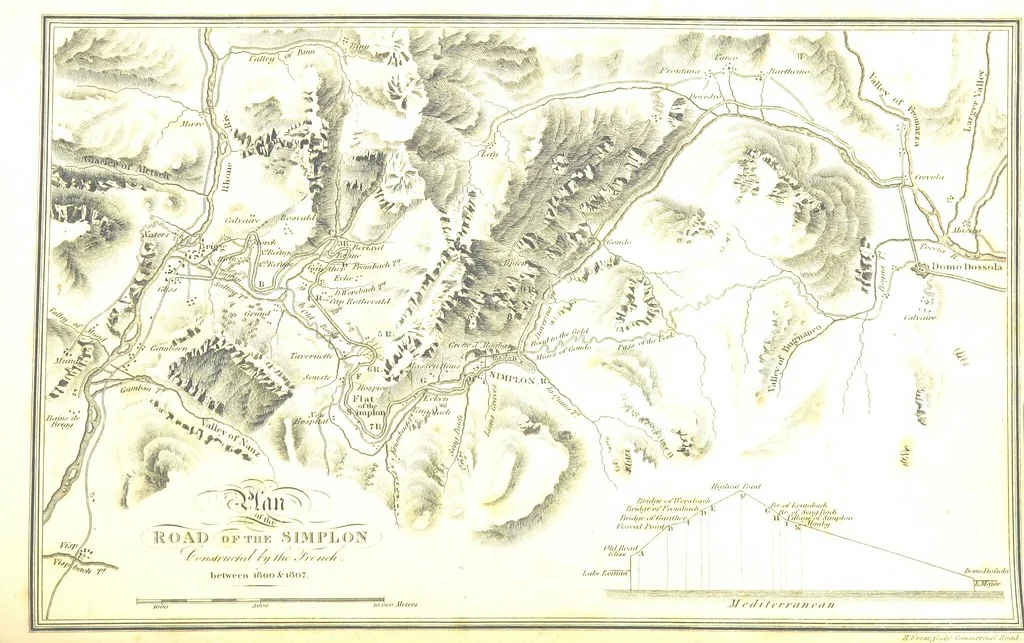An illustration from Picturesque Tour from Geneva to Milan, by way of the Simplon: illustrated with thirty six coloured views ... engraved from designs by J. and J. [or rather, G. and G.] Lory ... and accompanied with particulars historical and descriptive by Frederic Schoberl. [With a map, 1820, leaf 10