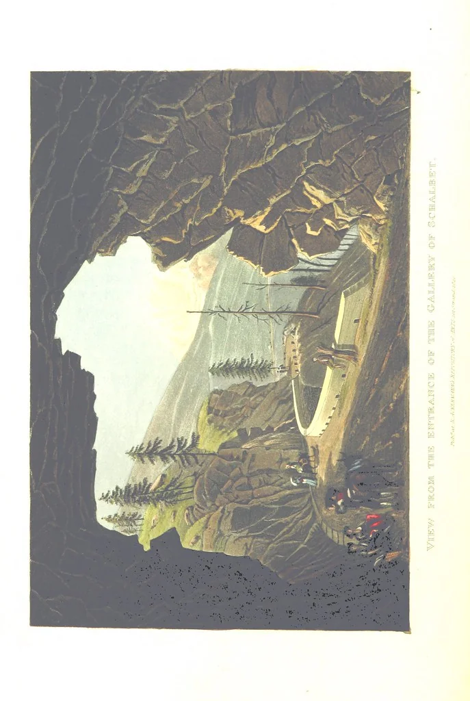An illustration from Picturesque Tour from Geneva to Milan, by way of the Simplon: illustrated with thirty six coloured views ... engraved from designs by J. and J. [or rather, G. and G.] Lory ... and accompanied with particulars historical and descriptive by Frederic Schoberl. [With a map, 1820, leaf 106