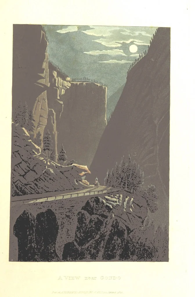 An illustration from Picturesque Tour from Geneva to Milan, by way of the Simplon: illustrated with thirty six coloured views ... engraved from designs by J. and J. [or rather, G. and G.] Lory ... and accompanied with particulars historical and descriptive by Frederic Schoberl. [With a map, 1820, leaf 149