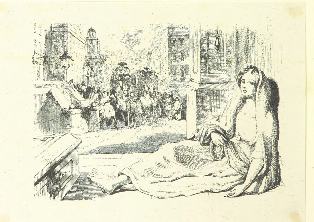 An illustration from The poetical works of Oliver Goldsmith. Illustrated by wood engravings from the designs of Cope, Creswick, Horsley, Redgrave, and Frederick Tayler, 1888, leaf 102