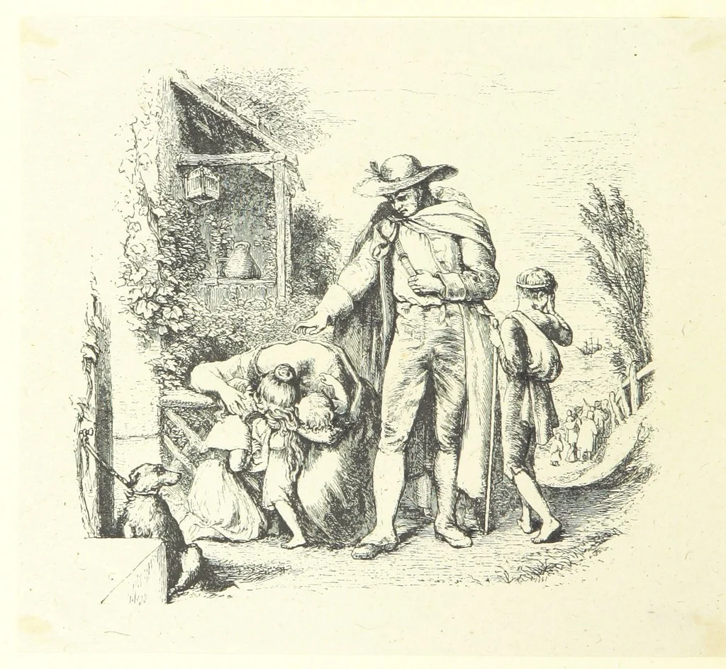 An illustration from The poetical works of Oliver Goldsmith. Illustrated by wood engravings from the designs of Cope, Creswick, Horsley, Redgrave, and Frederick Tayler, 1888, leaf 106