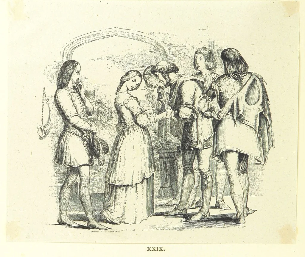 An illustration from The poetical works of Oliver Goldsmith. Illustrated by wood engravings from the designs of Cope, Creswick, Horsley, Redgrave, and Frederick Tayler, 1888, leaf 178