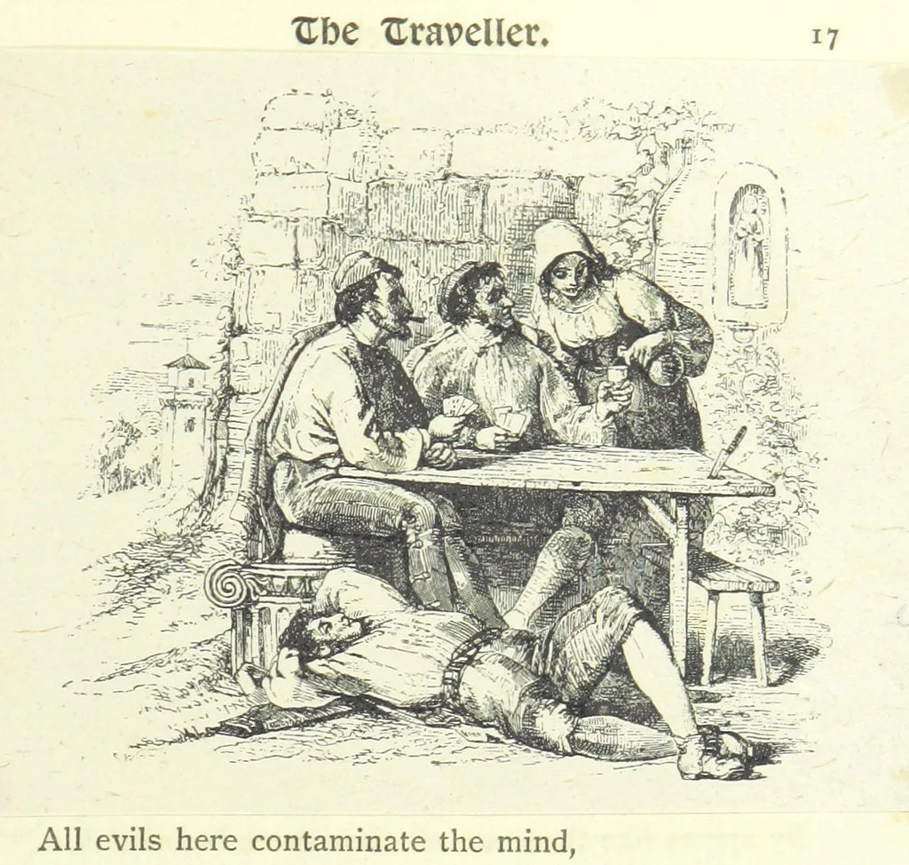 An illustration from The poetical works of Oliver Goldsmith. Illustrated by wood engravings from the designs of Cope, Creswick, Horsley, Redgrave, and Frederick Tayler, 1888, leaf 55