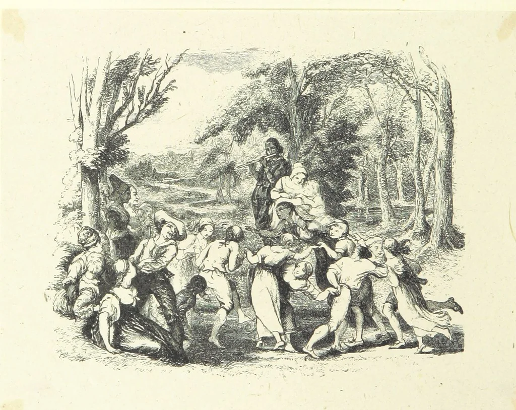 An illustration from The poetical works of Oliver Goldsmith. Illustrated by wood engravings from the designs of Cope, Creswick, Horsley, Redgrave, and Frederick Tayler, 1888, leaf 62
