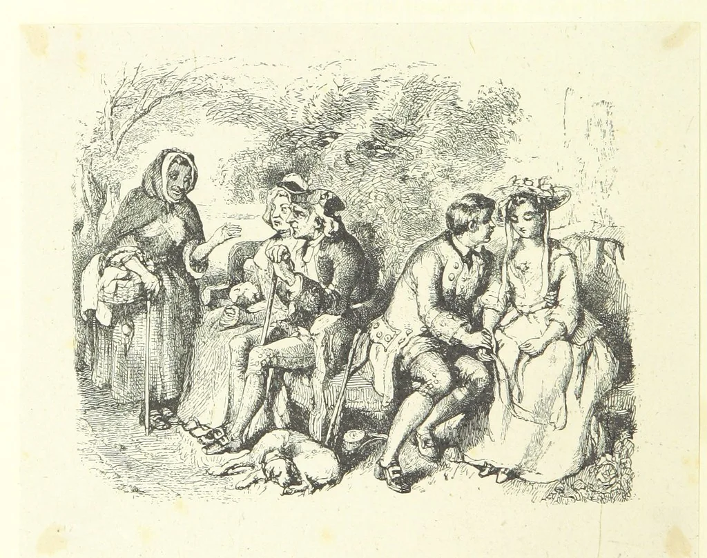 An illustration from The poetical works of Oliver Goldsmith. Illustrated by wood engravings from the designs of Cope, Creswick, Horsley, Redgrave, and Frederick Tayler, 1888, leaf 82