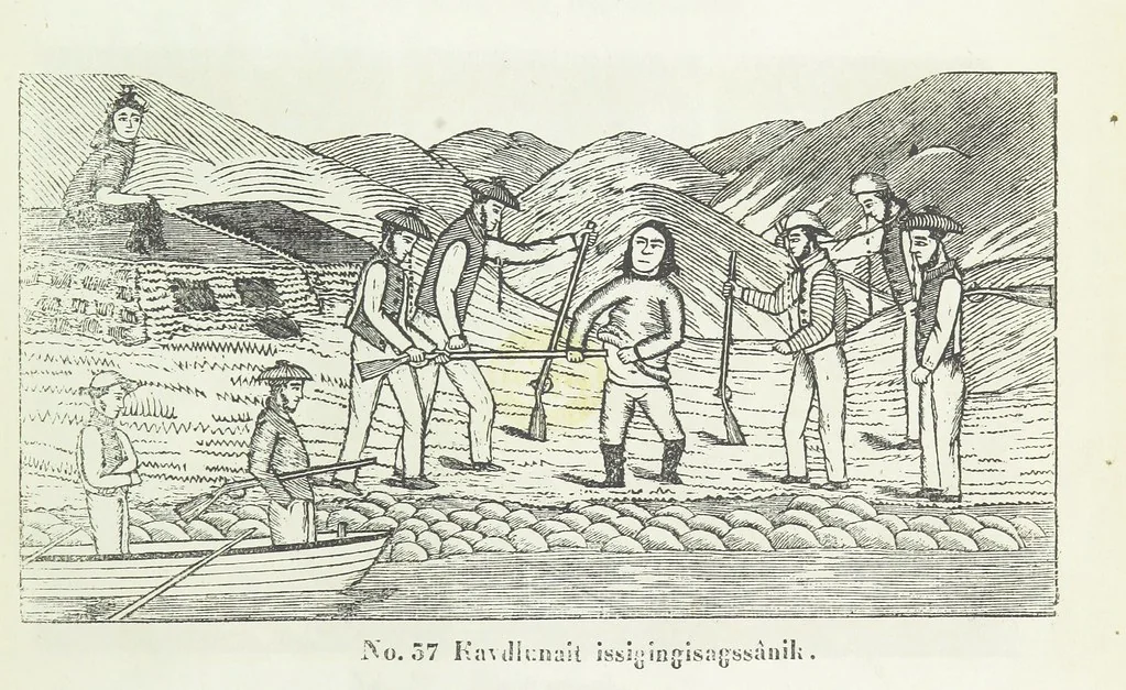 An illustration from Kaladlit Assilialiait; or, Woodcuts drawn and engraved by Greenlanders. [With coloured duplicates of Nos. 1 and 2, 1860, leaf 59