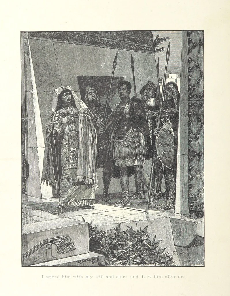 An illustration from Cleopatra, being an account of the fall and vengeance of Harmachis, the royal Egyptian, as set forth by his own hand. [A novel, with illustrations by R. C. Woodville and Maurice Greiffenhagen.] L.P, 1889, leaf 150