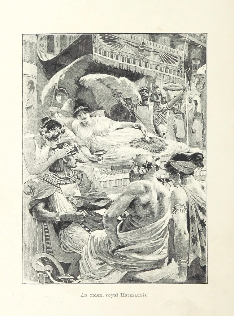 An illustration from Cleopatra, being an account of the fall and vengeance of Harmachis, the royal Egyptian, as set forth by his own hand. [A novel, with illustrations by R. C. Woodville and Maurice Greiffenhagen.] L.P, 1889, leaf 168