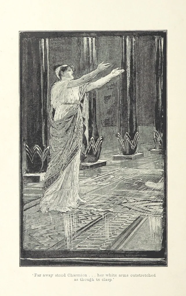 An illustration from Cleopatra, being an account of the fall and vengeance of Harmachis, the royal Egyptian, as set forth by his own hand. [A novel, with illustrations by R. C. Woodville and Maurice Greiffenhagen.] L.P, 1889, leaf 198