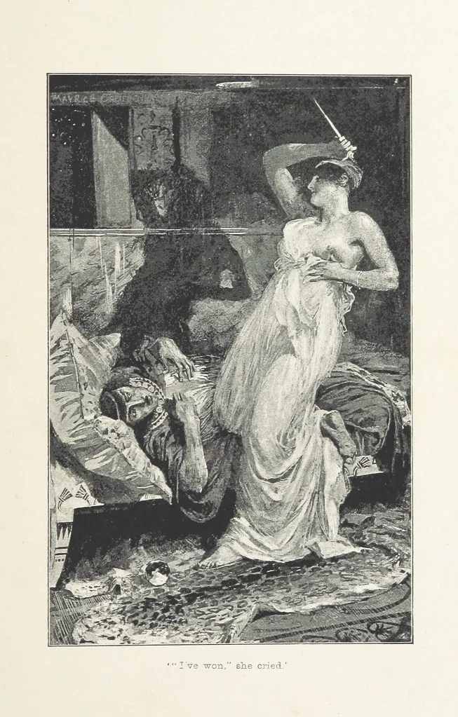 An illustration from Cleopatra, being an account of the fall and vengeance of Harmachis, the royal Egyptian, as set forth by his own hand. [A novel, with illustrations by R. C. Woodville and Maurice Greiffenhagen.] L.P, 1889, leaf 209
