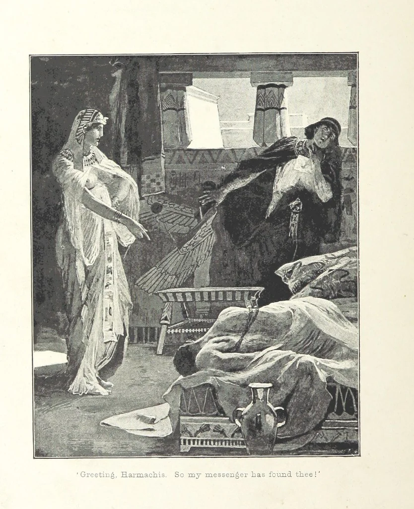 An illustration from Cleopatra, being an account of the fall and vengeance of Harmachis, the royal Egyptian, as set forth by his own hand. [A novel, with illustrations by R. C. Woodville and Maurice Greiffenhagen.] L.P, 1889, leaf 214